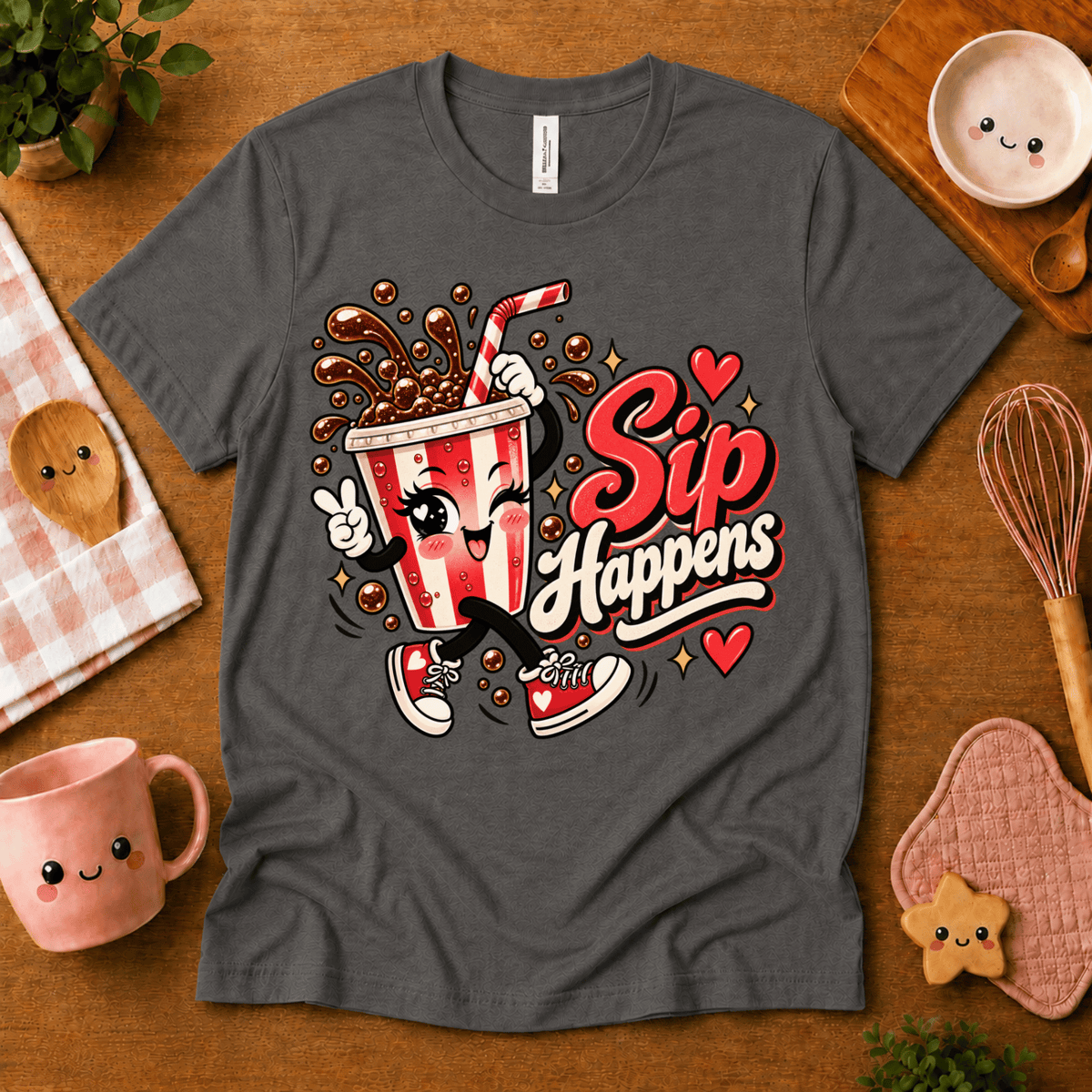 Sip Happens retro food graphic t-shirt cozy flat lay in asphalt.