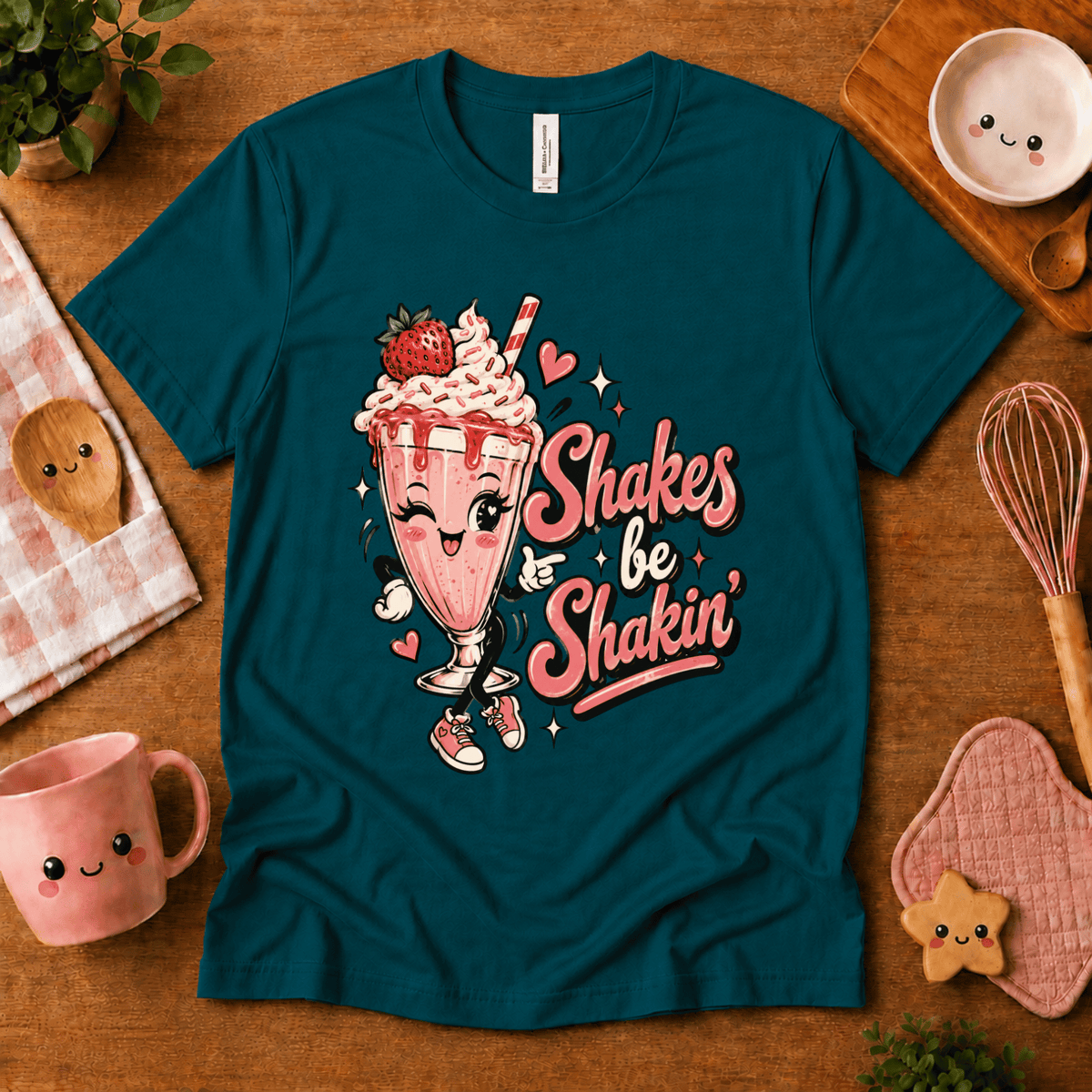 Shakes be Shakin' retro food graphic t-shirt cozy flat lay in deep teal.