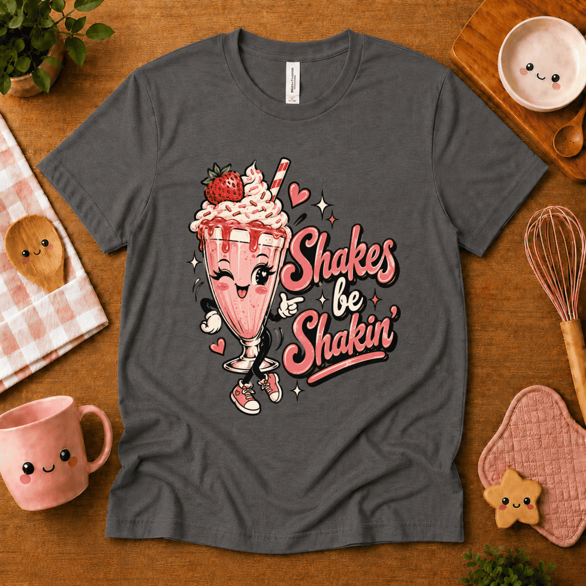 Shakes be Shakin' retro food graphic t-shirt cozy flat lay in asphalt.