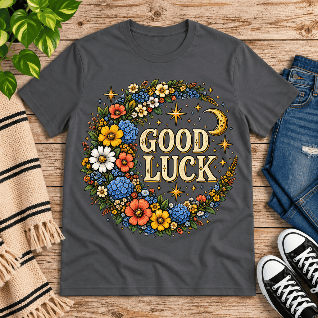 Good Luck In Gold cute celestial graphic t-shirt cozy flat lay in asphalt.