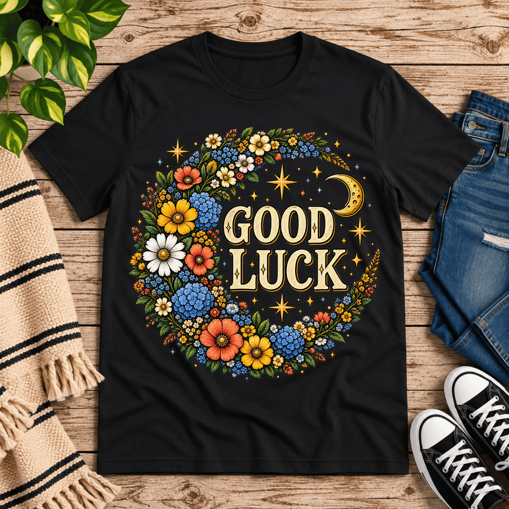 Good Luck In Gold cute celestial graphic t-shirt cozy flat lay in vintage black.