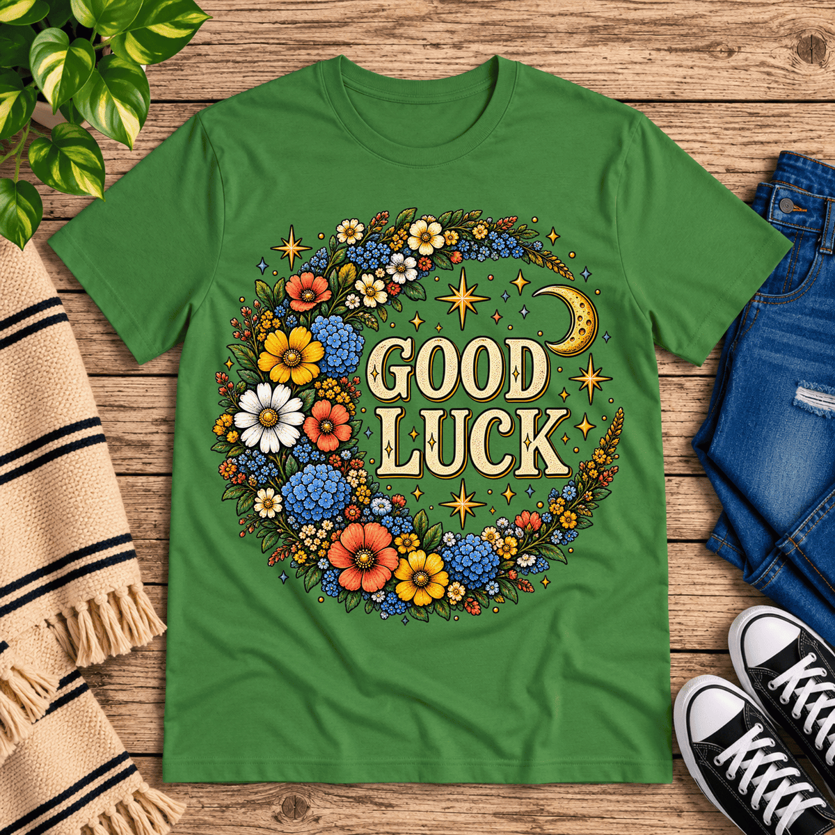 Good Luck In Gold cute celestial graphic t-shirt cozy flat lay in leaf.
