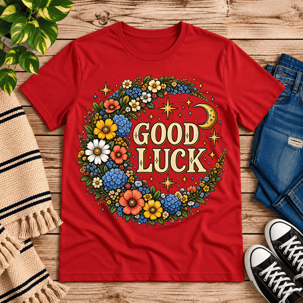 Good Luck In Gold cute celestial graphic t-shirt cozy flat lay in red.