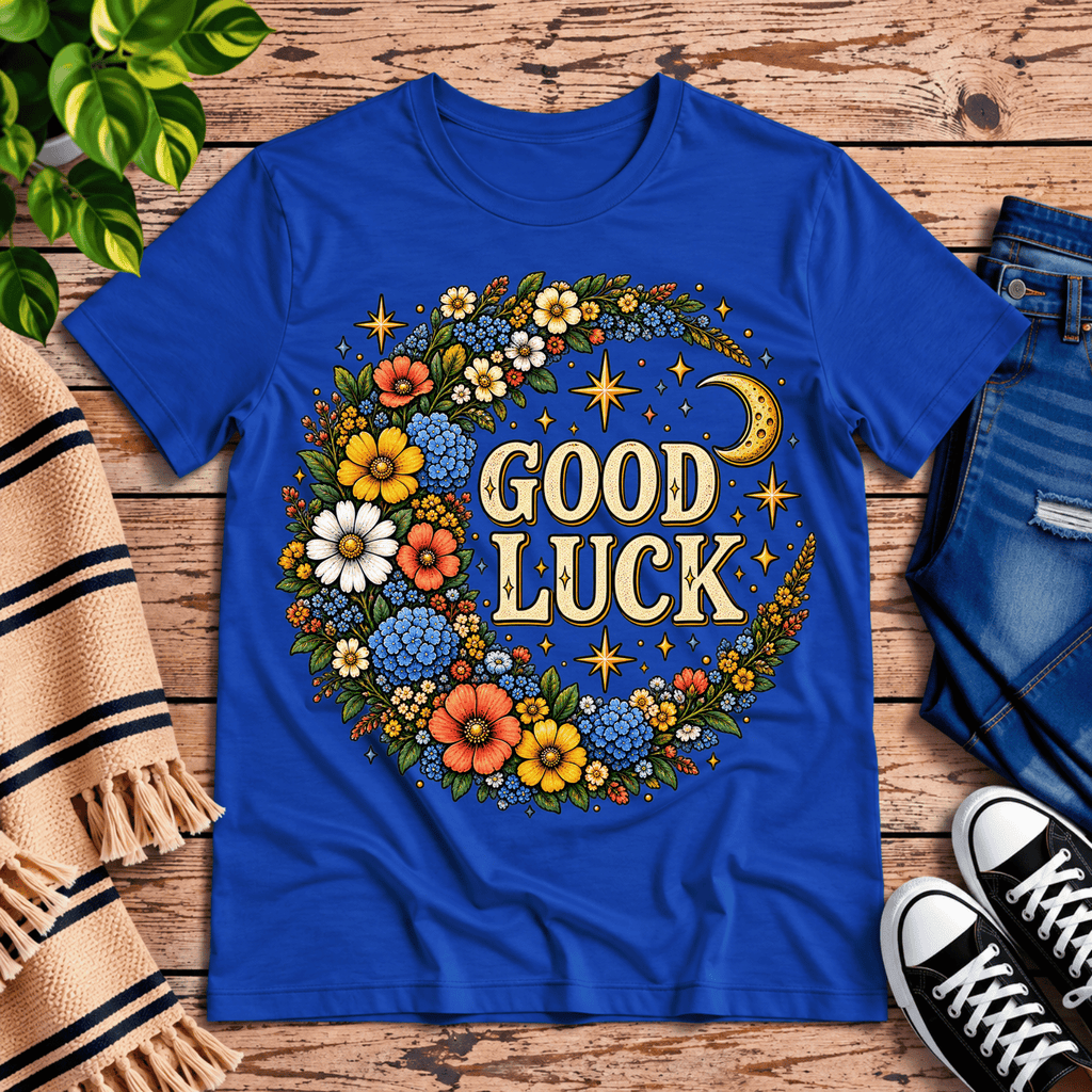 Good Luck In Gold cute celestial graphic t-shirt cozy flat lay in true royal.