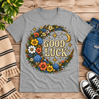 Good Luck In Gold cute celestial graphic t-shirt cozy flat lay in athletic heather.