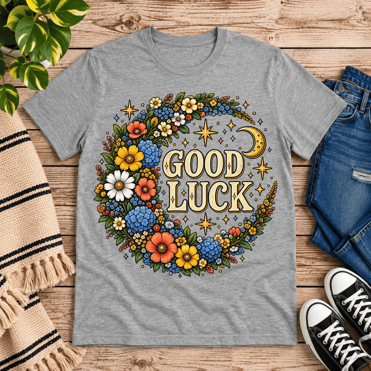 Good Luck In Gold cute celestial graphic t-shirt cozy flat lay in athletic heather.