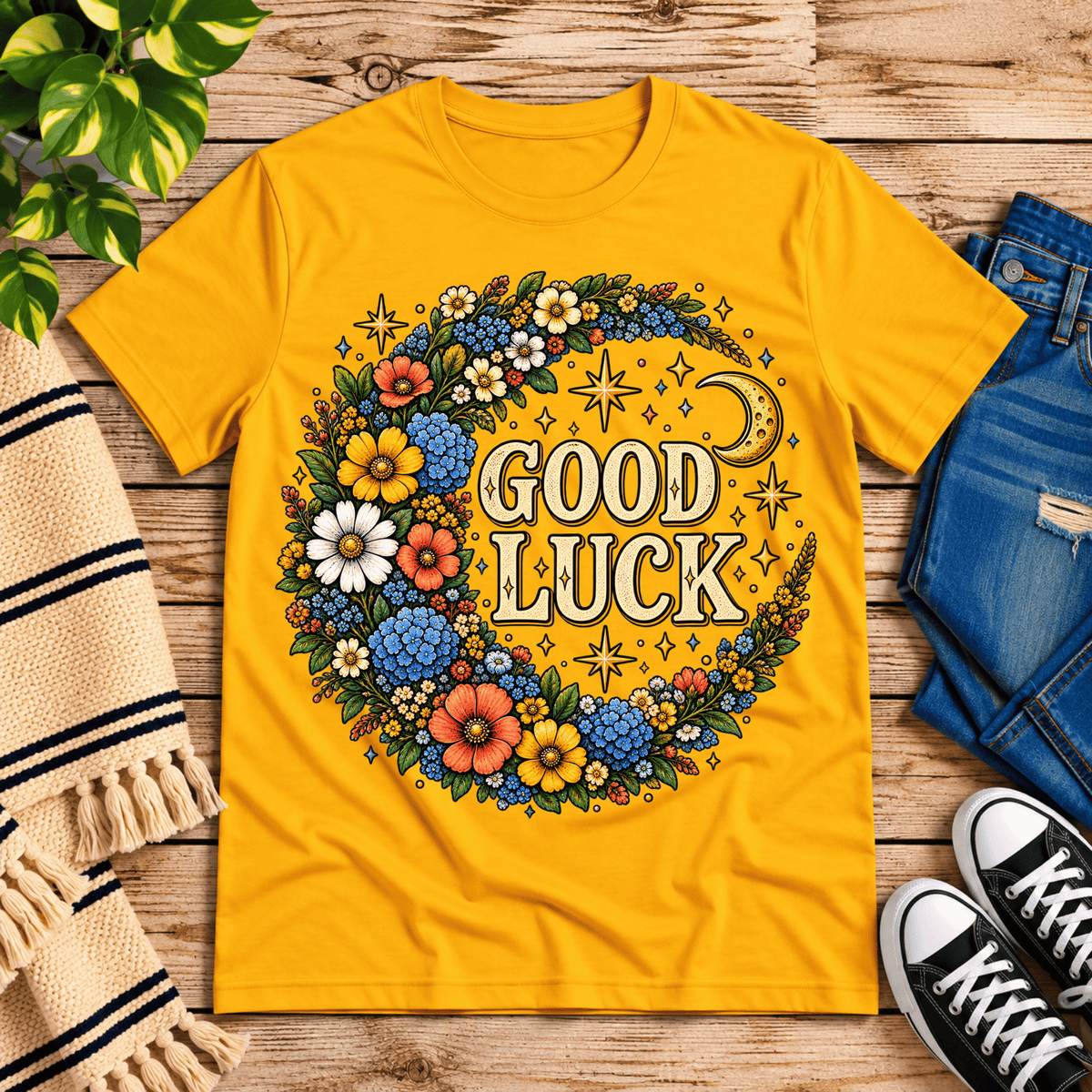 Good Luck In Gold cute celestial graphic t-shirt cozy flat lay in gold.