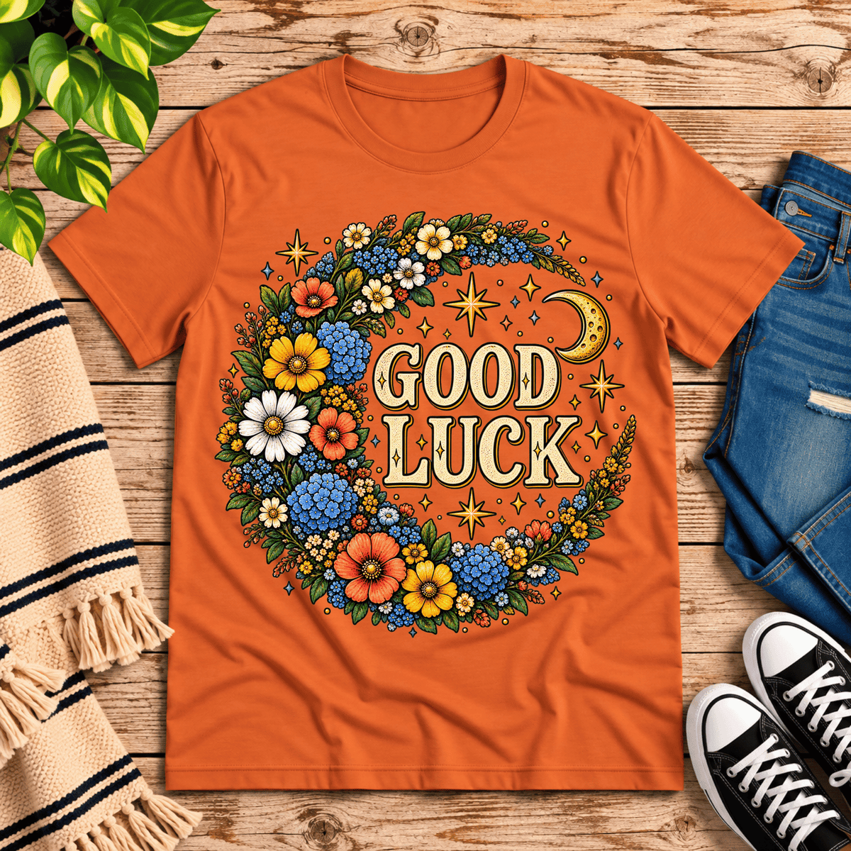 Good Luck In Gold cute celestial graphic t-shirt cozy flat lay in burnt orange.