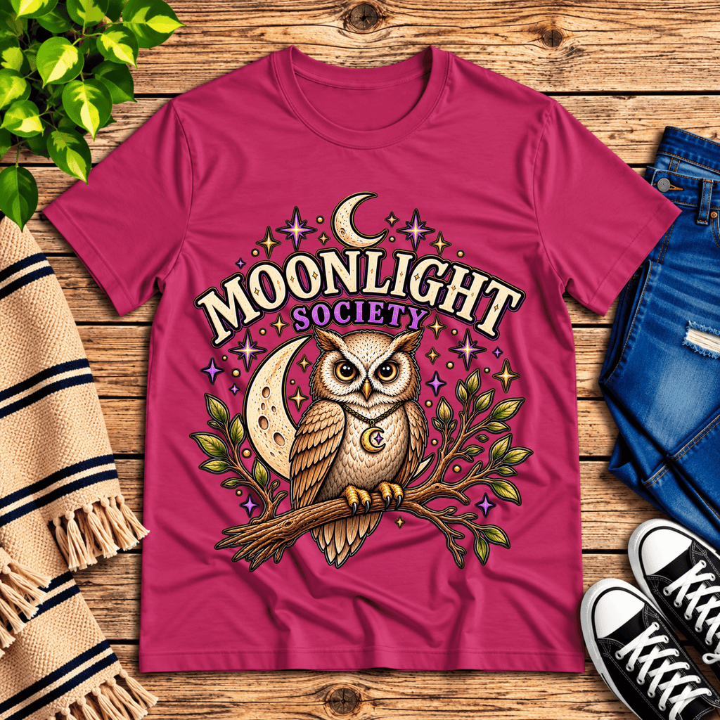 Moonlight Society cute celestial graphic t-shirt cozy flat lay in berry.