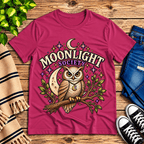 Moonlight Society cute celestial graphic t-shirt cozy flat lay in berry.