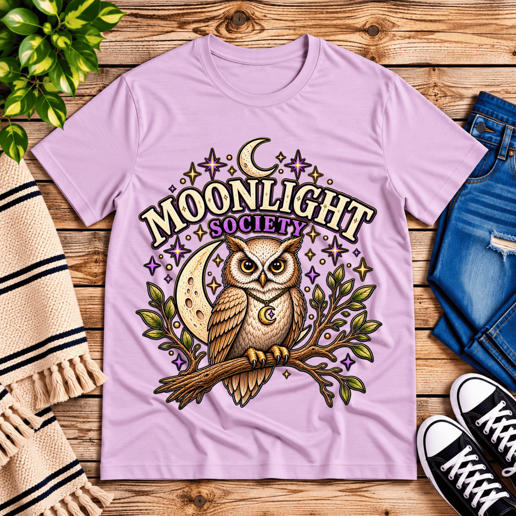 Moonlight Society cute celestial graphic t-shirt cozy flat lay in lilac.