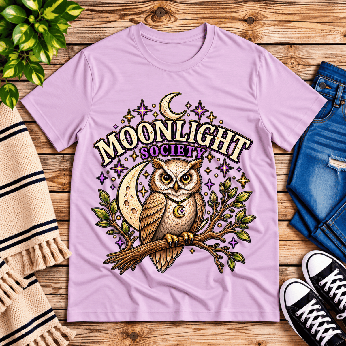 Moonlight Society cute celestial graphic t-shirt cozy flat lay in lilac.