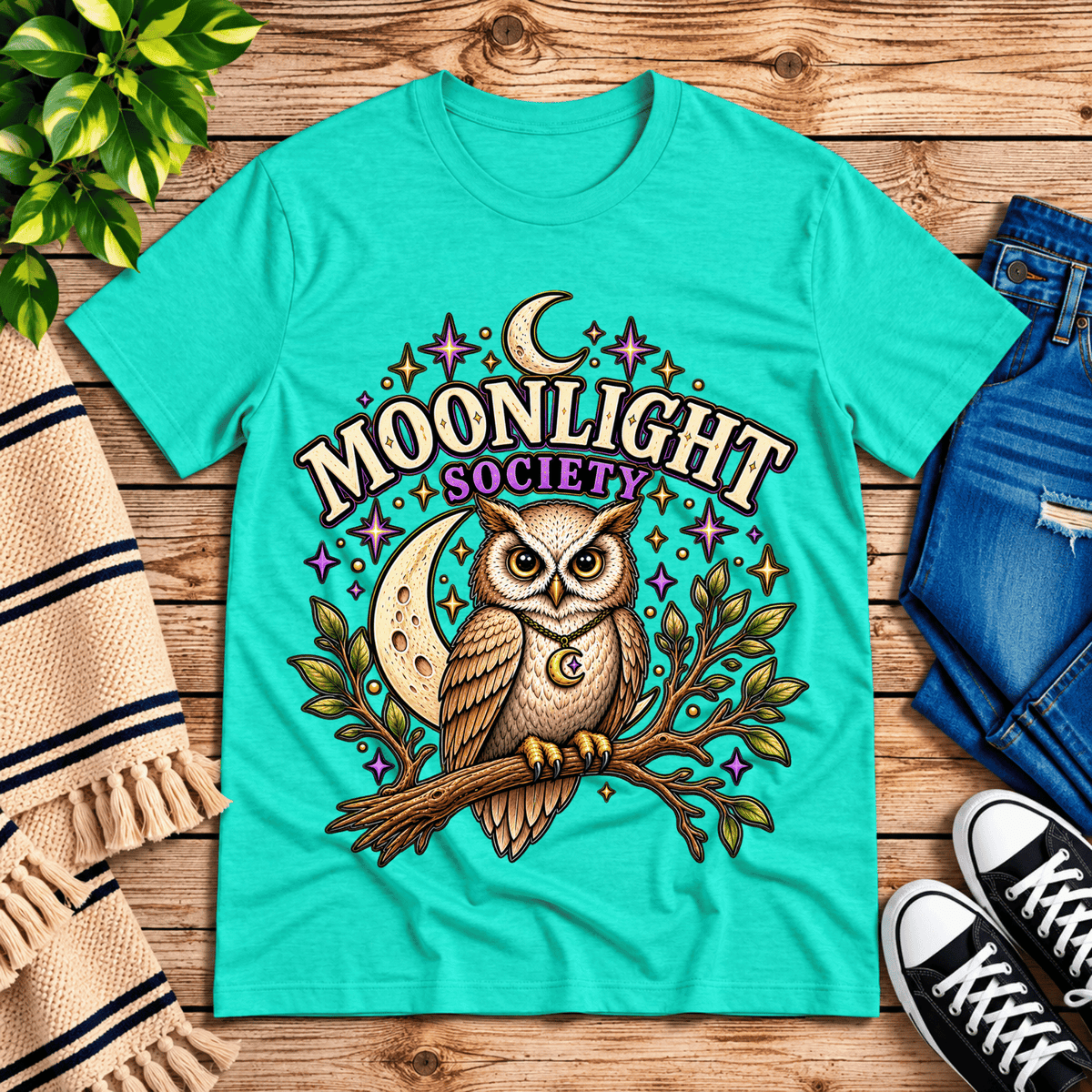 Moonlight Society cute celestial graphic t-shirt cozy flat lay in heather sea green.