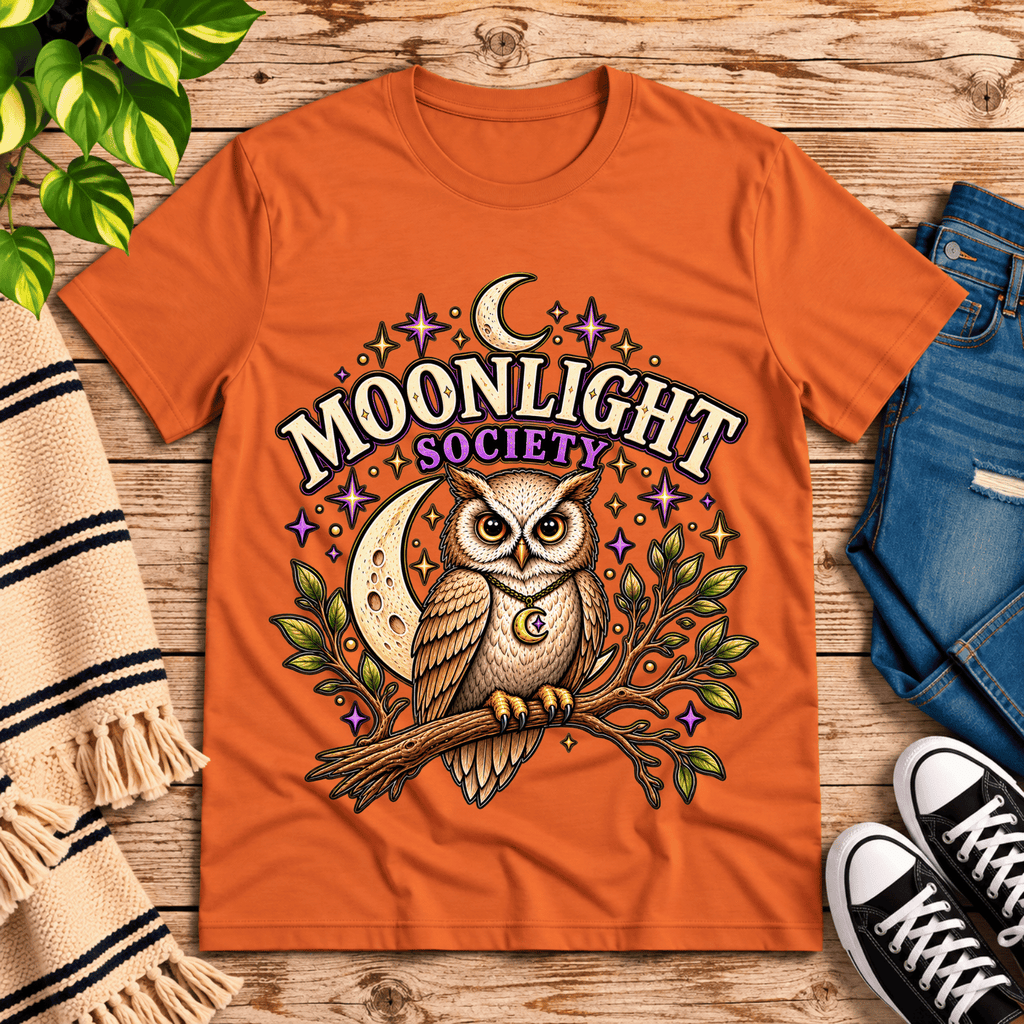 Moonlight Society cute celestial graphic t-shirt cozy flat lay in burnt orange.