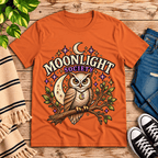 Moonlight Society cute celestial graphic t-shirt cozy flat lay in burnt orange.