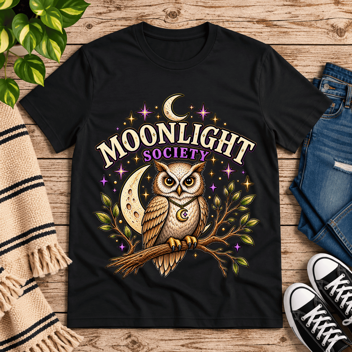 Moonlight Society cute celestial graphic t-shirt cozy flat lay in vintage black.