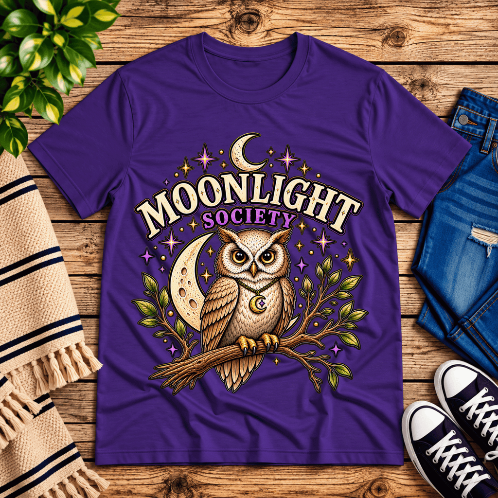Moonlight Society cute celestial graphic t-shirt cozy flat lay in team purple.
