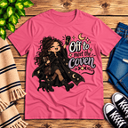 Off to Meet the Coven witchy celestial graphic t-shirt cozy flat lay in charity pink.