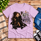 Off to Meet the Coven witchy celestial graphic t-shirt cozy flat lay in lilac.