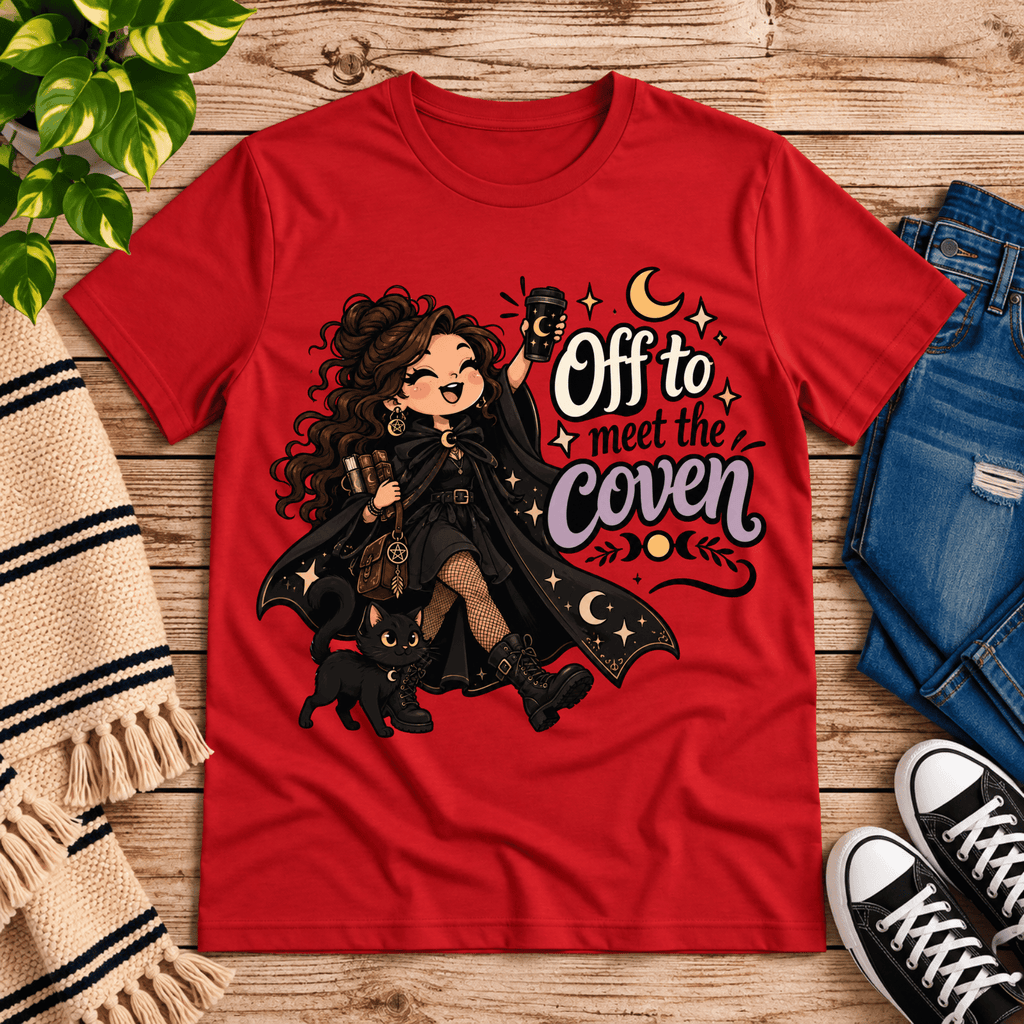 Off to Meet the Coven witchy celestial graphic t-shirt cozy flat lay in red.