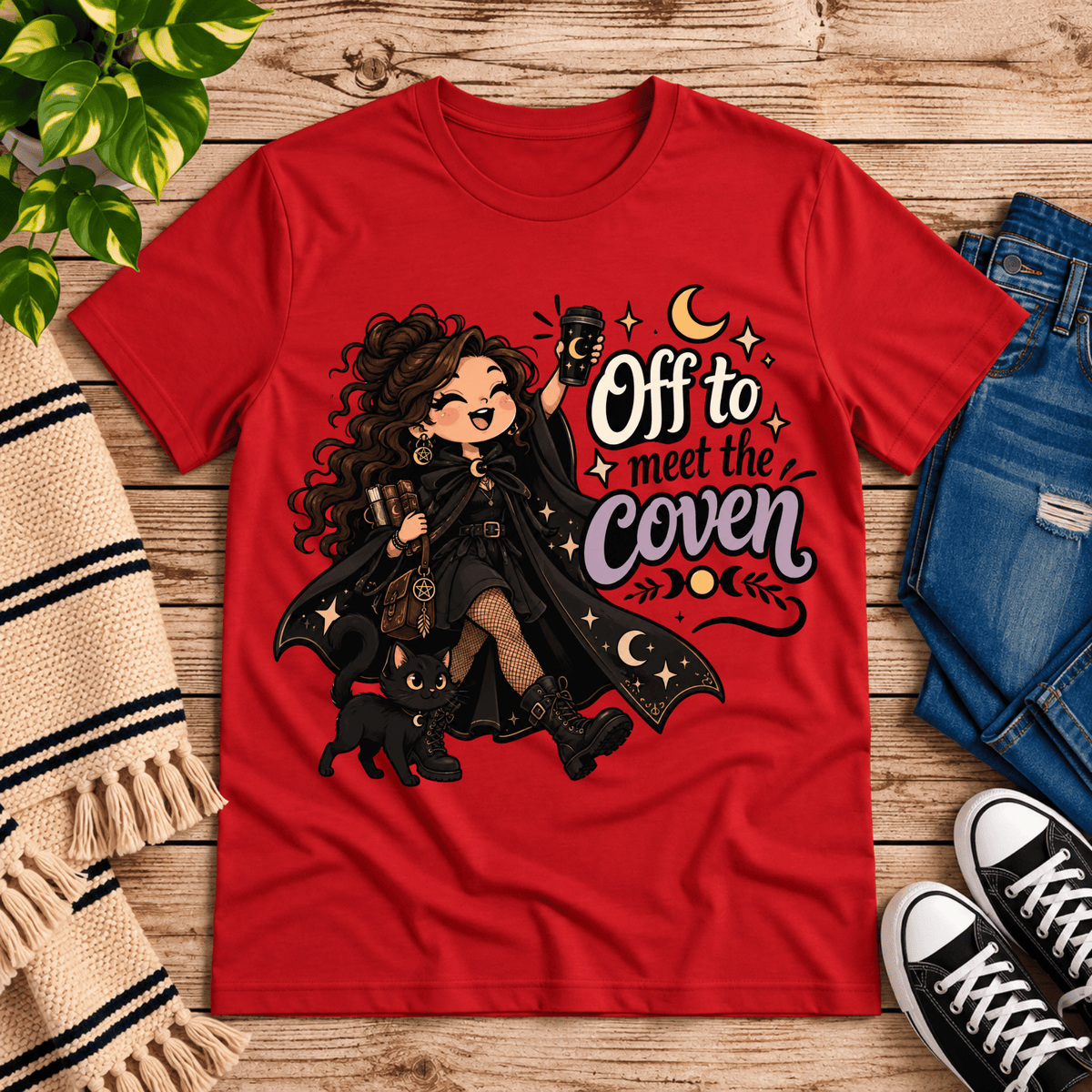 Off to Meet the Coven witchy celestial graphic t-shirt cozy flat lay in red.