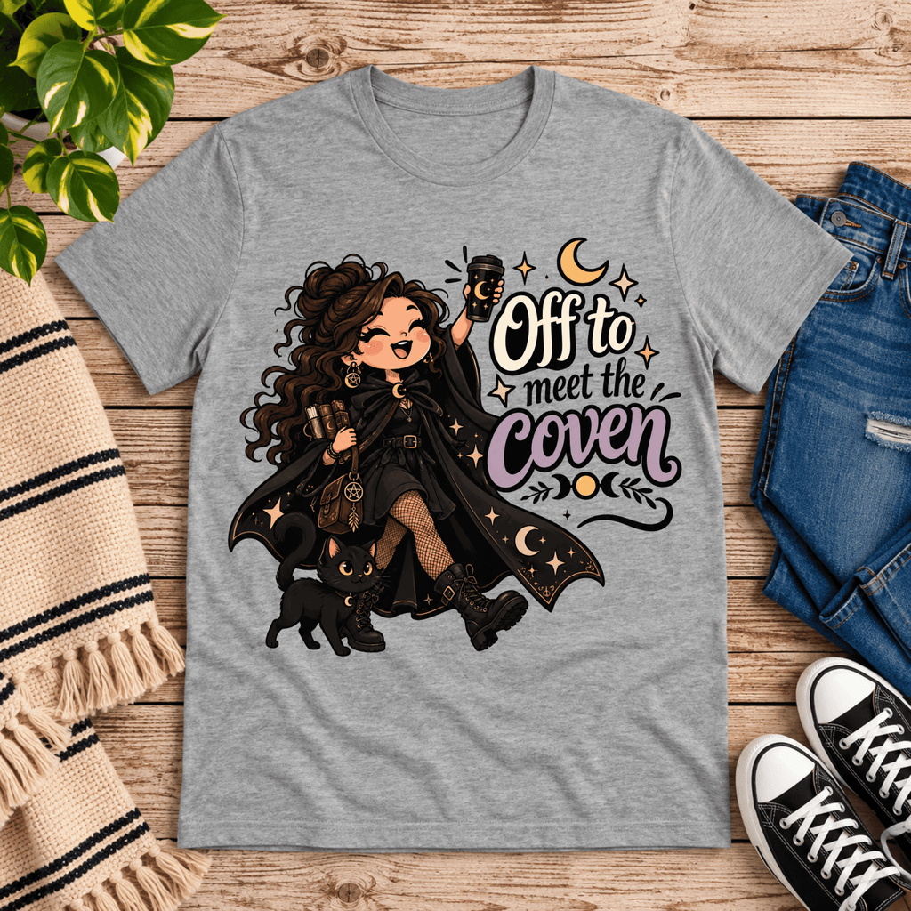 Off to Meet the Coven witchy celestial graphic t-shirt cozy flat lay in athletic heather.