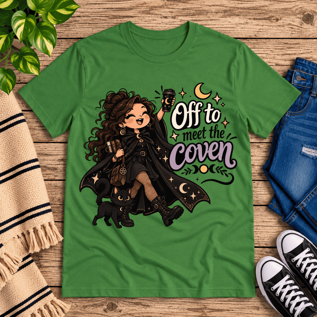 Off to Meet the Coven witchy celestial graphic t-shirt cozy flat lay in leaf.