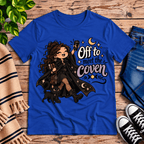 Off to Meet the Coven witchy celestial graphic t-shirt cozy flat lay in true royal.