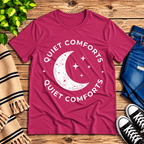 Quiet Comforts celestial graphic t-shirt cozy flat lay in berry.