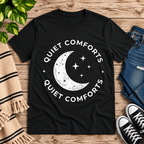 Quiet Comforts celestial graphic t-shirt cozy flat lay in vintage black.