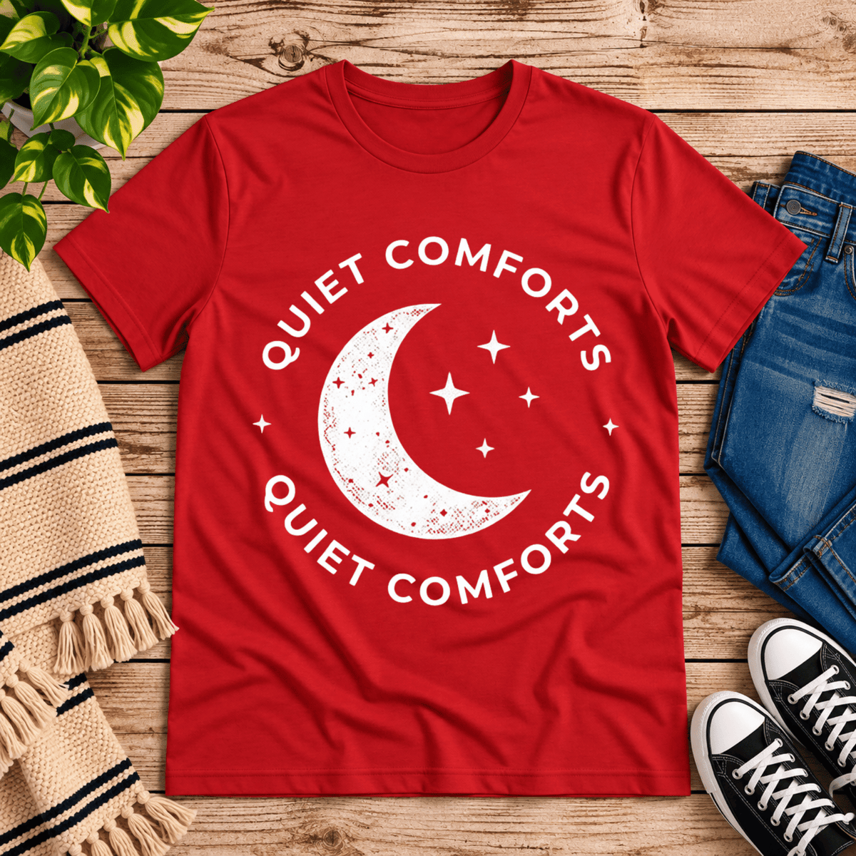 Quiet Comforts celestial graphic t-shirt cozy flat lay in red.
