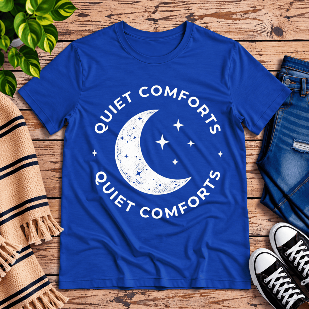 Quiet Comforts celestial graphic t-shirt cozy flat lay in true royal.