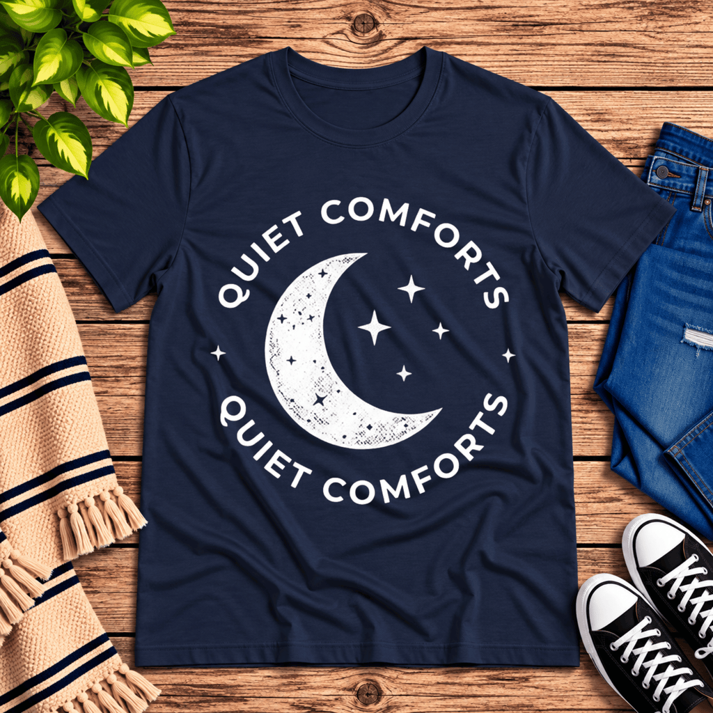 Quiet Comforts celestial graphic t-shirt cozy flat lay in navy.