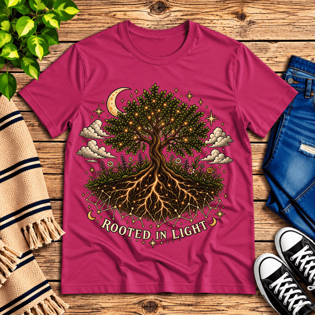 Rooted In Light celestial graphic t-shirt cozy flat lay in berry.