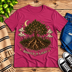 Rooted In Light celestial graphic t-shirt cozy flat lay in berry.