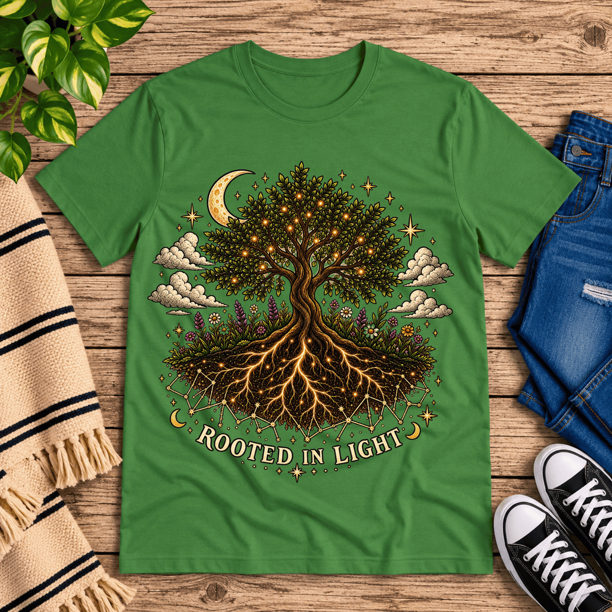 Rooted In Light celestial graphic t-shirt cozy flat lay in leaf.