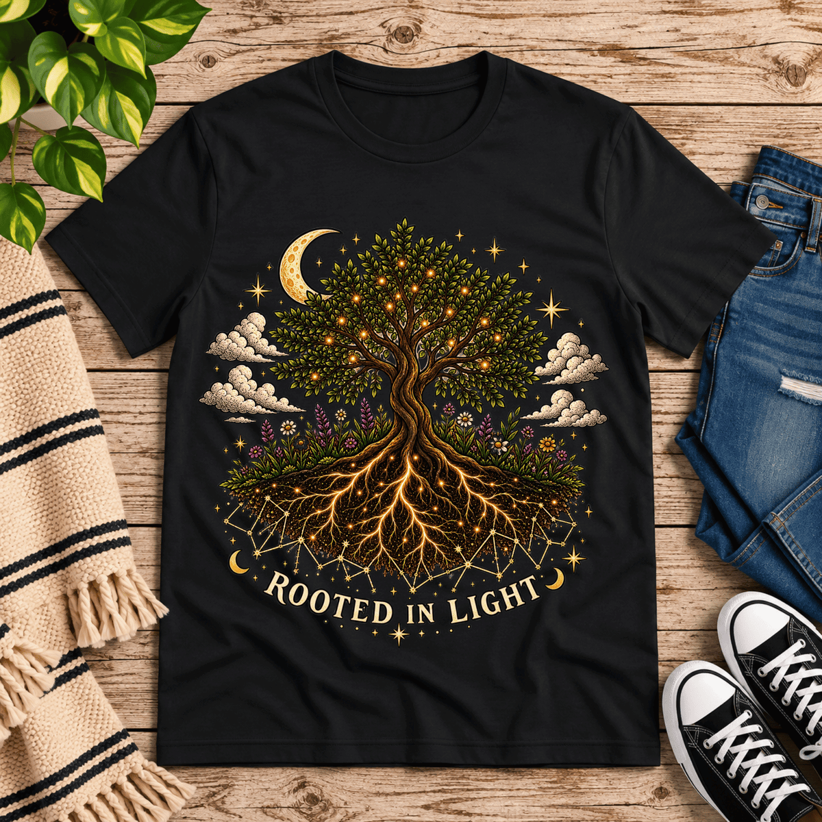 Rooted In Light celestial graphic t-shirt cozy flat lay in vintage black.
