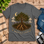 Rooted In Light celestial graphic t-shirt cozy flat lay in deep heather.