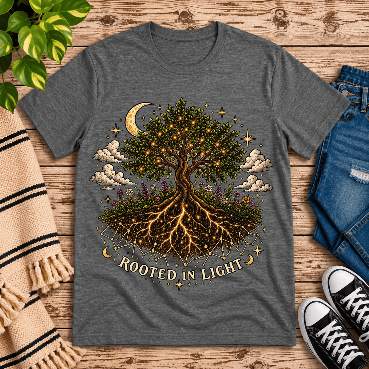 Rooted In Light celestial graphic t-shirt cozy flat lay in deep heather.