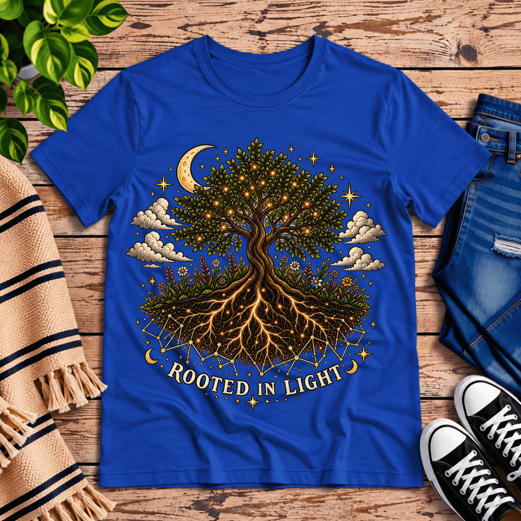 Rooted In Light celestial graphic t-shirt cozy flat lay in true royal.