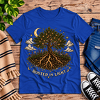 Rooted In Light celestial graphic t-shirt cozy flat lay in true royal.