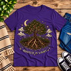Rooted In Light celestial graphic t-shirt cozy flat lay in team purple.