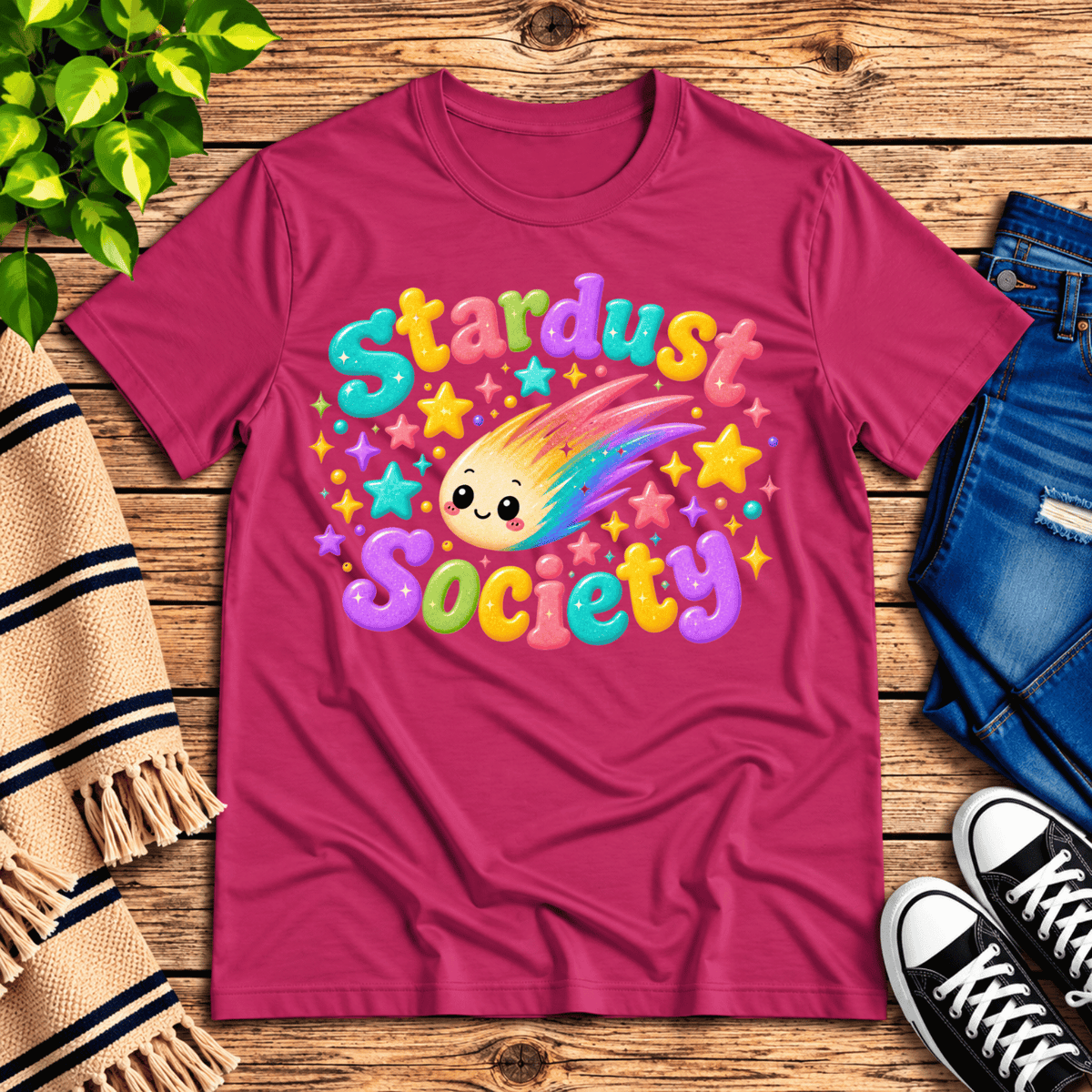 Stardust Society cute celestial graphic t-shirt cozy flat lay in berry.