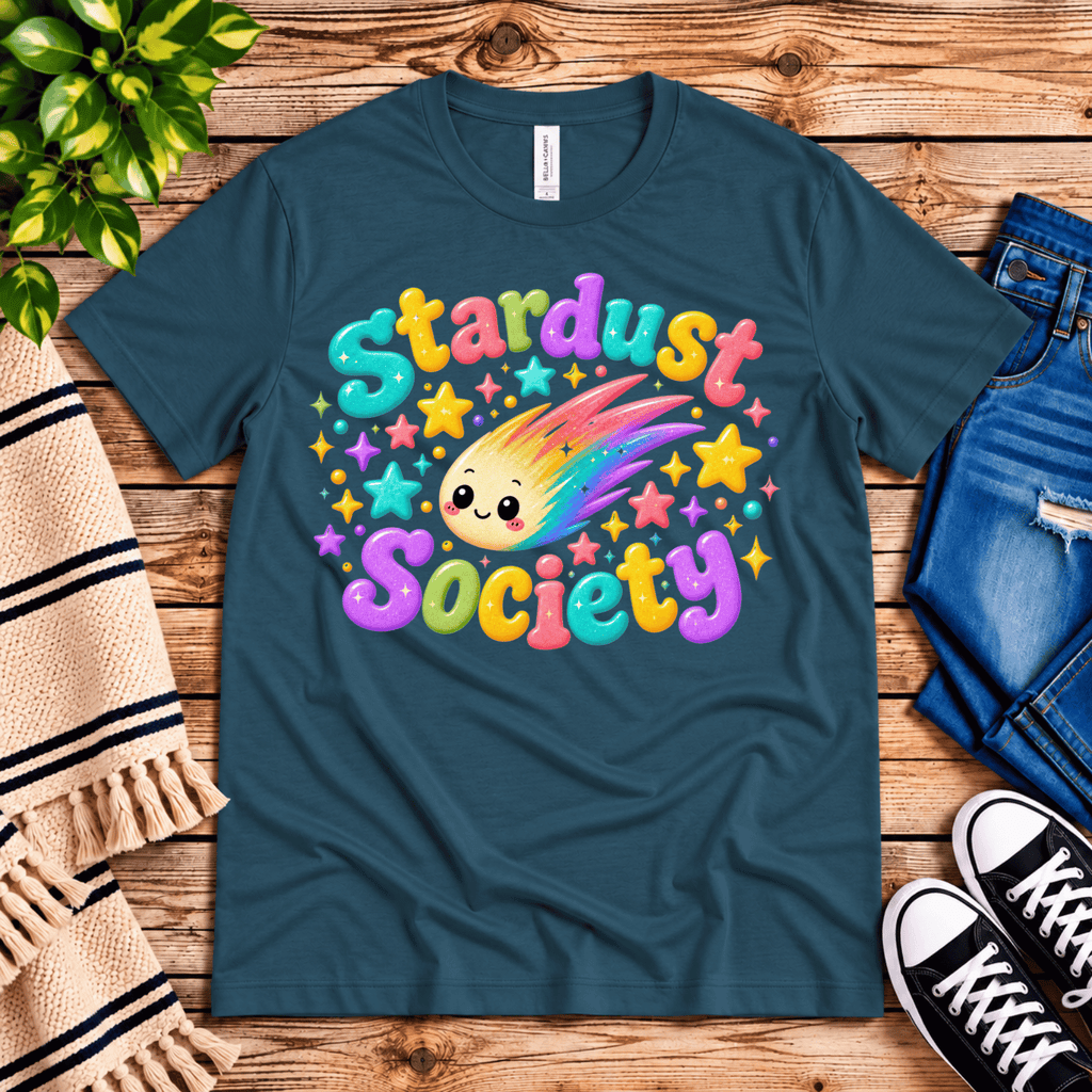 Stardust Society cute celestial graphic t-shirt cozy flat lay in deep teal.