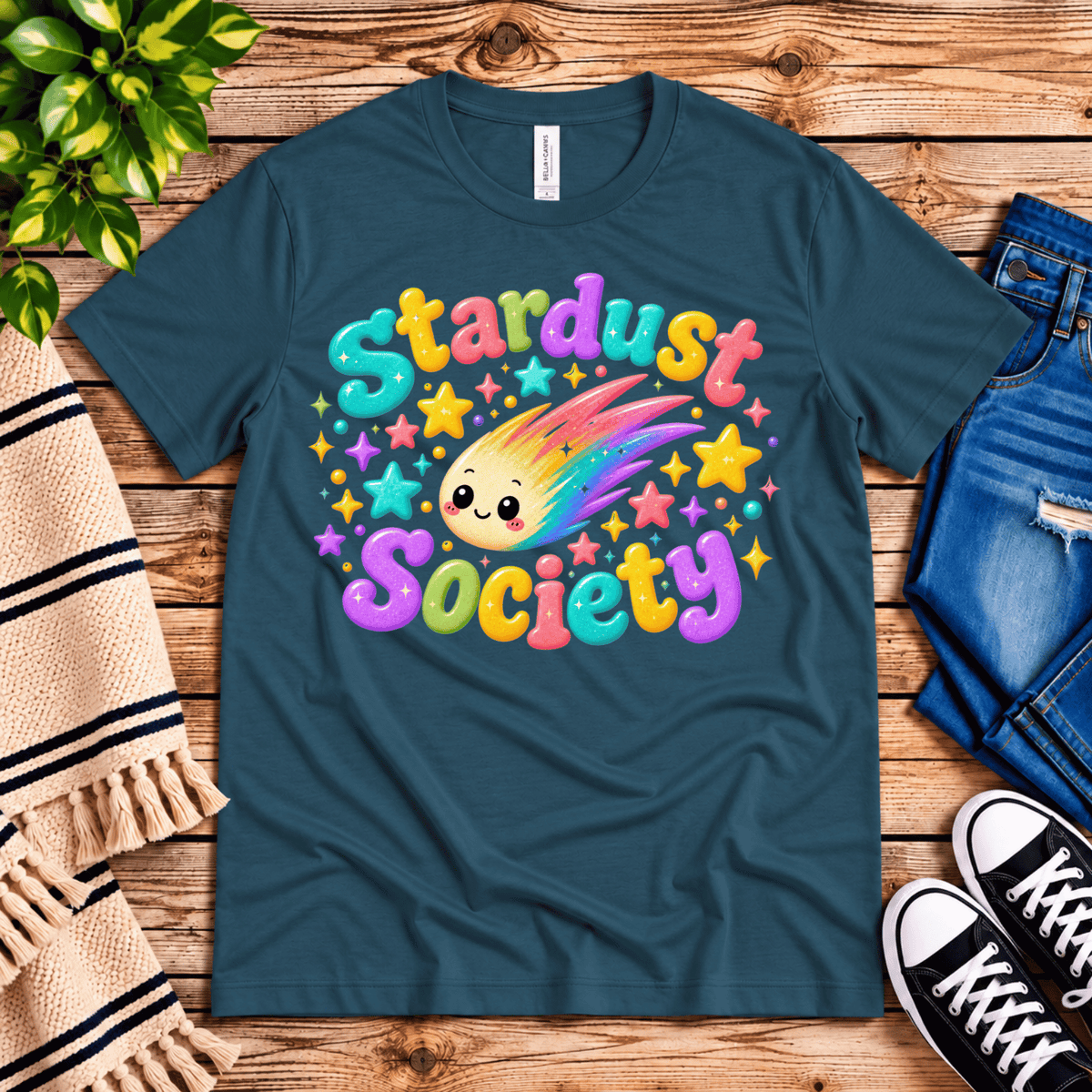 Stardust Society cute celestial graphic t-shirt cozy flat lay in deep teal.