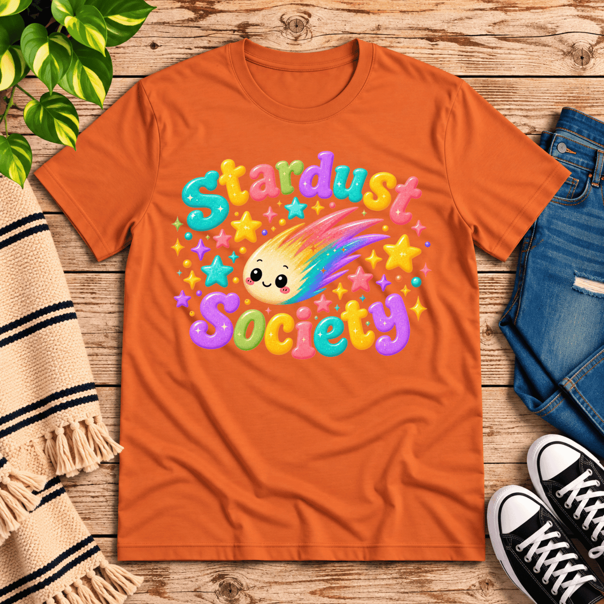 Stardust Society cute celestial graphic t-shirt cozy flat lay in burnt orange.