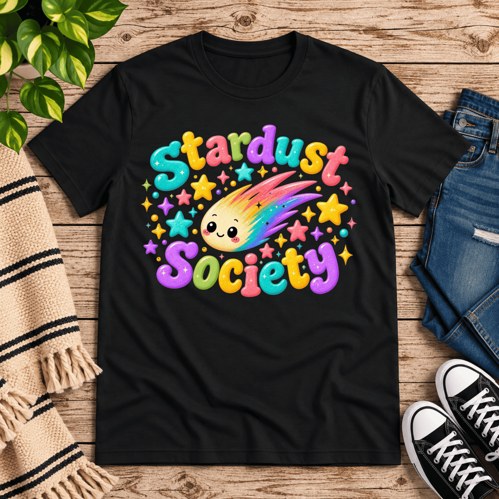 Stardust Society cute celestial graphic t-shirt cozy flat lay in vintage black.