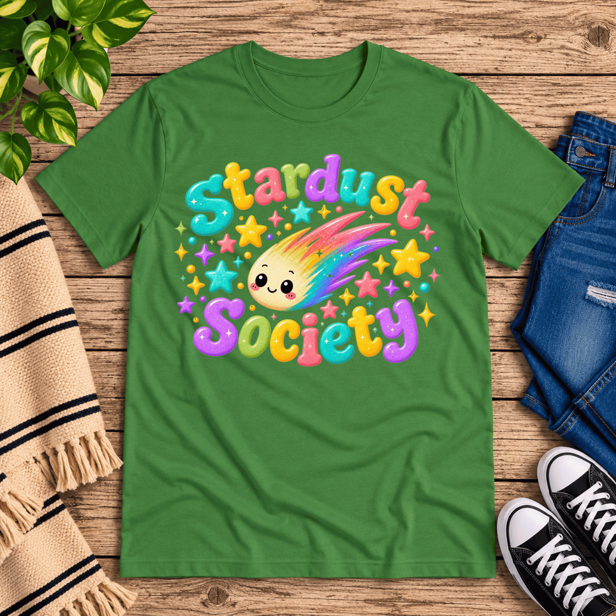 Stardust Society cute celestial graphic t-shirt cozy flat lay in leaf.