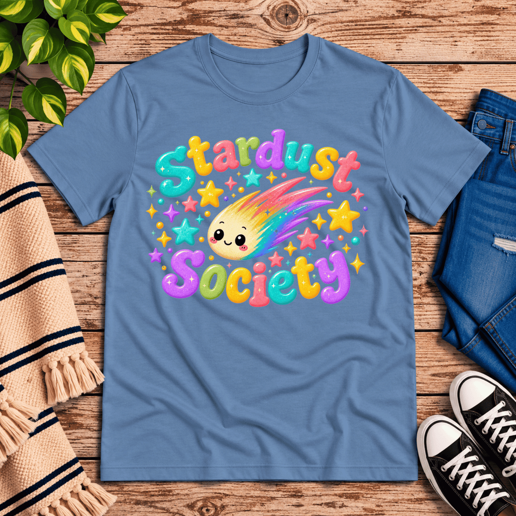 Stardust Society cute celestial graphic t-shirt cozy flat lay in steel blue.
