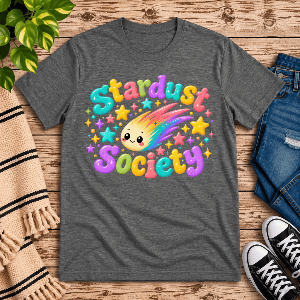 Stardust Society cute celestial graphic t-shirt cozy flat lay in deep heather.